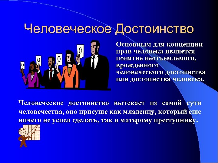 Человеческое Достоинство Основным для концепции прав человека является понятие неотъемлемого, врожденного человеческого достоинства или