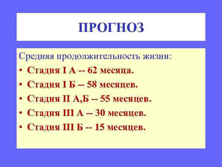 ПРОГНОЗ Средняя продолжительность жизни: • Стадия I А -- 62 месяца. • Стадия I