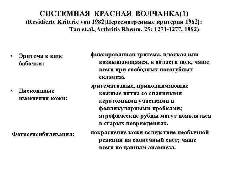 СИСТЕМНАЯ КРАСНАЯ ВОЛЧАНКА(1) (Revidierte Kriterie von 1982[Пересмотренные критерии 1982]: Tan et. al. , Arthritis