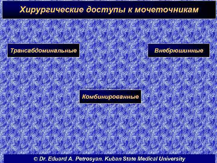Хирургические доступы к мочеточникам Трансабдоминальные Внебрюшинные Комбинированные © Dr. Eduard A. Petrosyan. Kuban State
