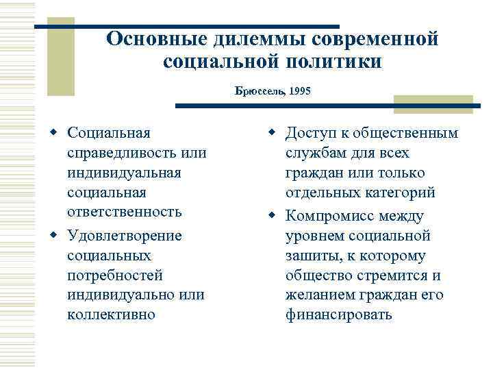 Основные дилеммы современной социальной политики Брюссель, 1995 w Социальная справедливость или индивидуальная социальная ответственность