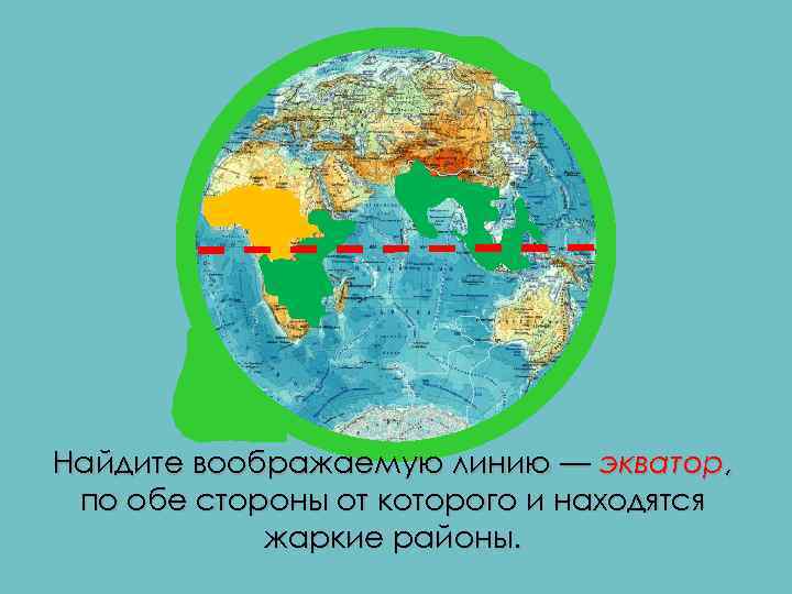 Найдите воображаемую линию — экватор, по обе стороны от которого и находятся жаркие районы.