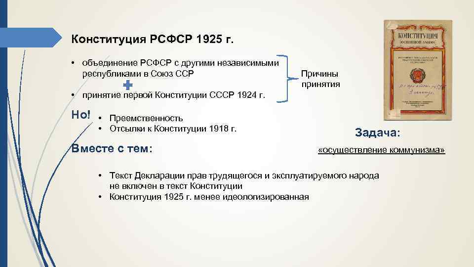 Конституция РСФСР 1925 г. • объединение РСФСР с другими независимыми республиками в Союз ССР