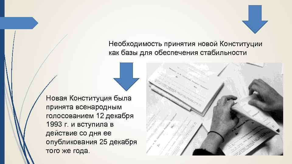 Необходимость принятия новой Конституции как базы для обеспечения стабильности Новая Конституция была принята всенародным