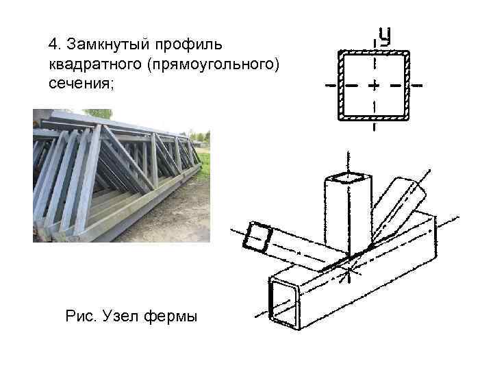 4. Замкнутый профиль квадратного (прямоугольного) сечения; Рис. Узел фермы 