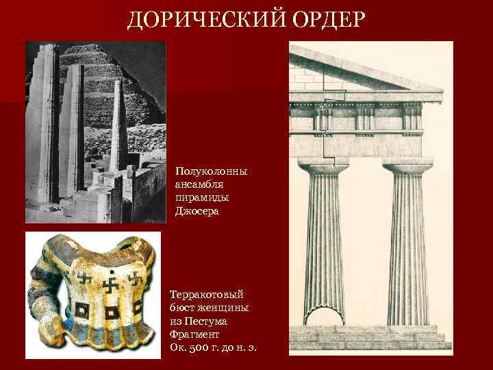 ДОРИЧЕСКИЙ ОРДЕР Полуколонны ансамбля пирамиды Джосера Терракотовый бюст женщины из Пестума Фрагмент Ок. 500