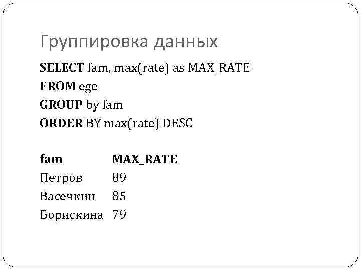 Группировка данных SELECT fam, max(rate) as MAX_RATE FROM ege GROUP by fam ORDER BY