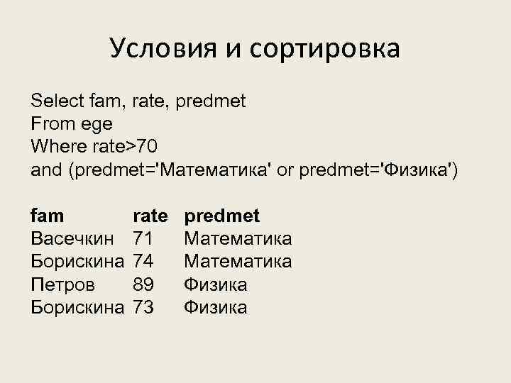 Условия и сортировка Select fam, rate, predmet From ege Where rate>70 and (predmet='Математика' or