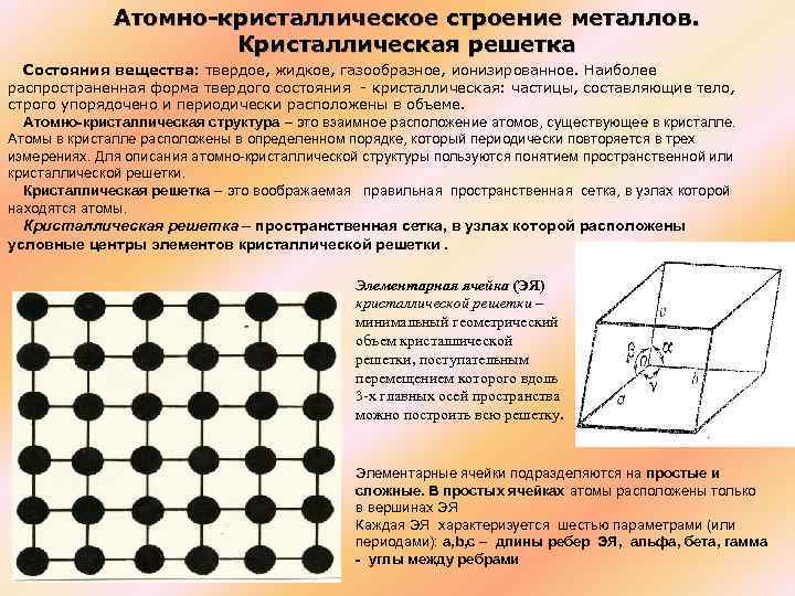 Атомно-кристаллическое строение металлов. Кристаллическая решетка Состояния вещества: твердое, жидкое, газообразное, ионизированное. Наиболее распространенная форма