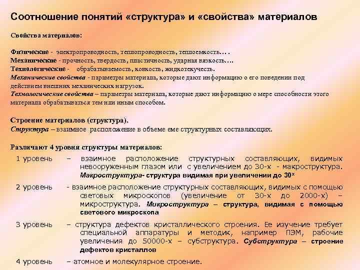 Соотношение понятий «структура» и «свойства» материалов Свойства материалов: Физические - электропроводность, теплоемкость…. Механические -