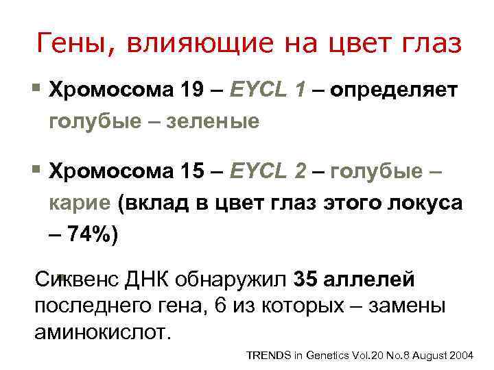 Гены, влияющие на цвет глаз § Хромосома 19 – EYCL 1 – определяет голубыe