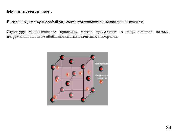 Металлическая связь. В металлах действует особый вид связи, получивший название металлической. Структуру металлического кристалла