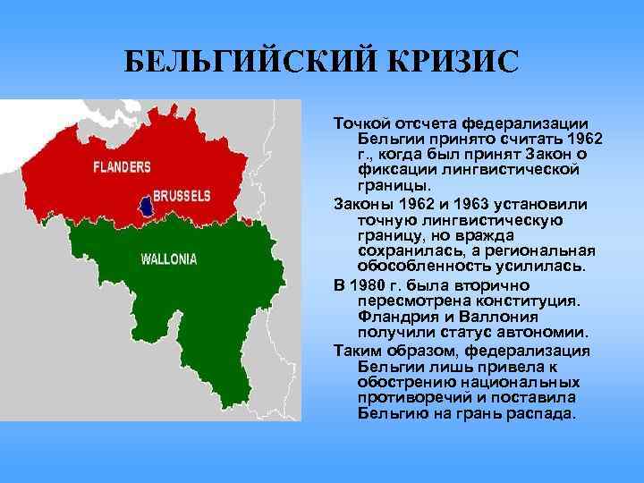 БЕЛЬГИЙСКИЙ КРИЗИС Точкой отсчета федерализации Бельгии принято считать 1962 г. , когда был принят