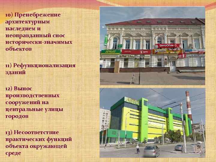 10) Пренебрежение архитектурным наследием и неоправданный снос исторически-значимых объектов 11) Рефункционализация зданий 12) Вынос