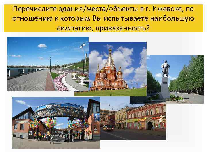 Перечислите здания/места/объекты в г. Ижевске, по отношению к которым Вы испытываете наибольшую симпатию, привязанность?