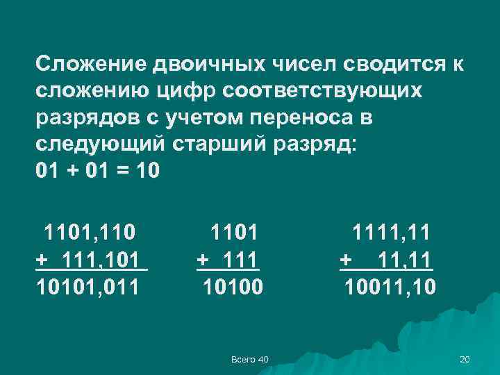 Сложение двоичных чисел сводится к сложению цифр соответствующих разрядов с учетом переноса в следующий