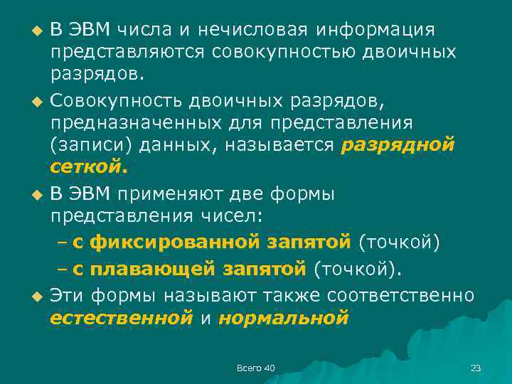 u u В ЭВМ числа и нечисловая информация представляются совокупностью двоичных разрядов. Совокупность двоичных