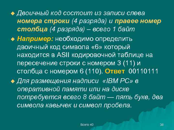 Двоичный код состоит из записи слева номера строки (4 разряда) и правее номер столбца