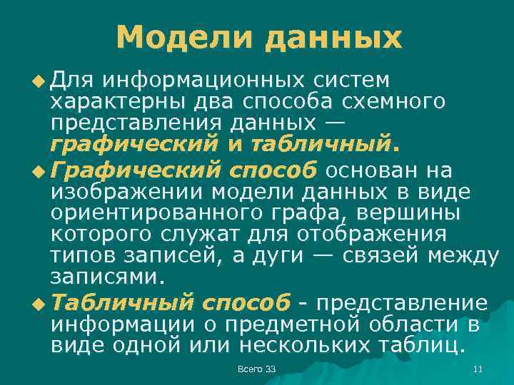 Модели данных u Для информационных систем характерны два способа схемного представления данных — графический