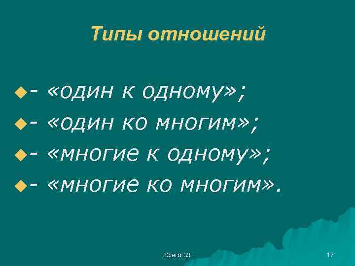 Типы отношений u- «один к одному» ; u- «один ко многим» ; u- «многие