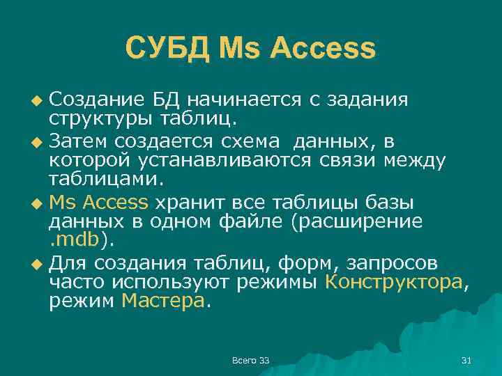 СУБД Ms Access Создание БД начинается с задания структуры таблиц. u Затем создается схема