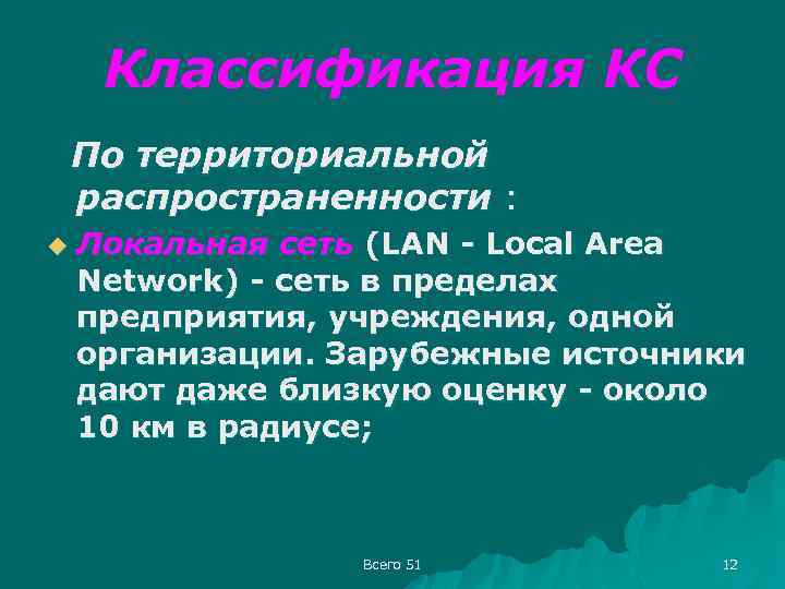 Классификация КС По территориальной распространенности : u Локальная сеть (LAN - Local Area Network)
