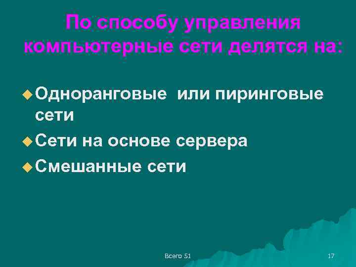 По способу управления компьютерные сети делятся на: u Одноранговые или пиринговые сети u Сети