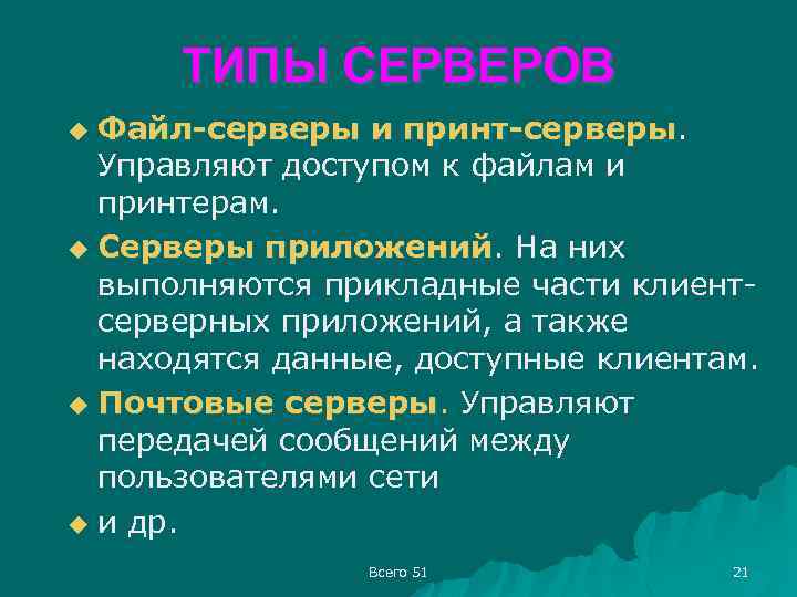 ТИПЫ СЕРВЕРОВ Файл-серверы и принт-серверы Управляют доступом к файлам и принтерам. u Серверы приложений.