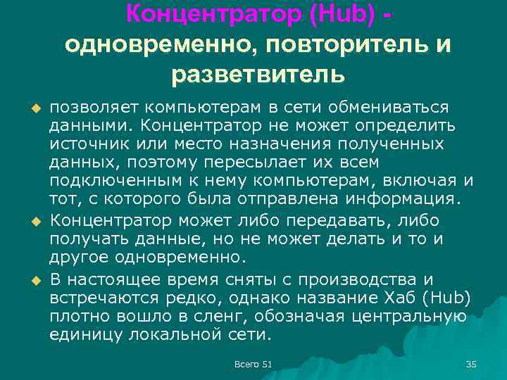 Концентратор (Hub) одновременно, повторитель и разветвитель u u u позволяет компьютерам в сети обмениваться