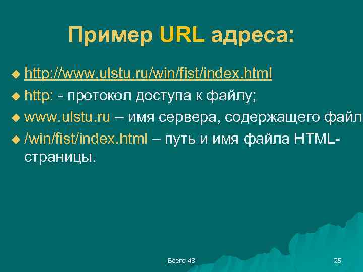 Пример URL адреса: u http: //www. ulstu. ru/win/fist/index. html u http: - протокол доступа