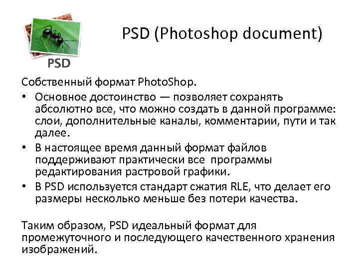 PSD (Photoshop document) Собственный формат Photo. Shop. • Основное достоинство — позволяет сохранять абсолютно