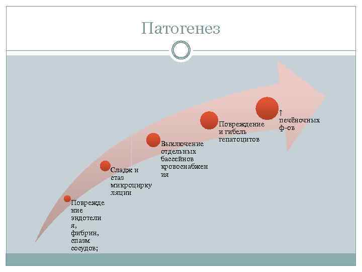 Патогенез Сладж и стаз микроцирку ляции Поврежде ние эндотели я, фибрин, спазм сосудов; Выключение