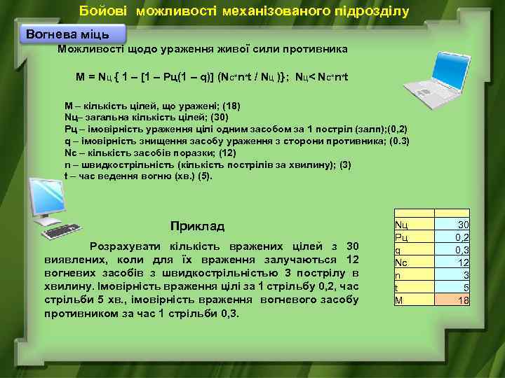 Бойові можливості механізованого підрозділу Вогнева міць Можливості щодо ураження живої сили противника M =