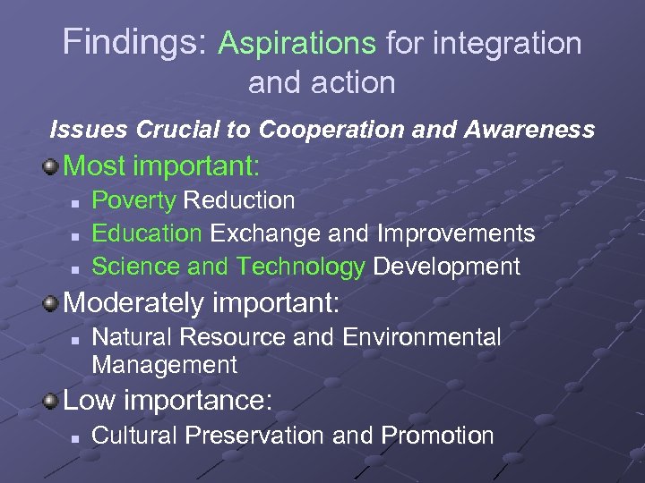 Findings: Aspirations for integration and action Issues Crucial to Cooperation and Awareness Most important:
