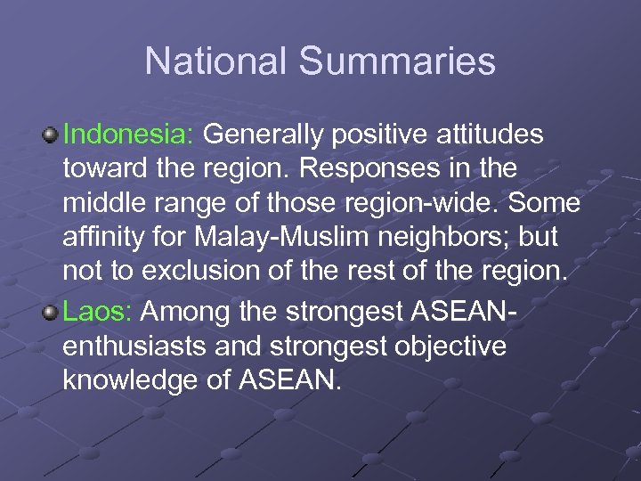 National Summaries Indonesia: Generally positive attitudes toward the region. Responses in the middle range