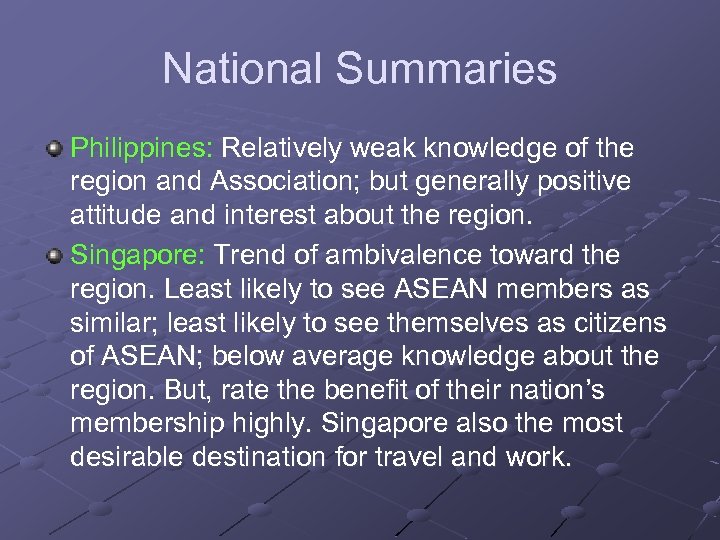 National Summaries Philippines: Relatively weak knowledge of the region and Association; but generally positive