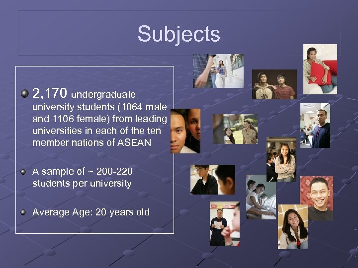 Subjects 2, 170 undergraduate university students (1064 male and 1106 female) from leading universities