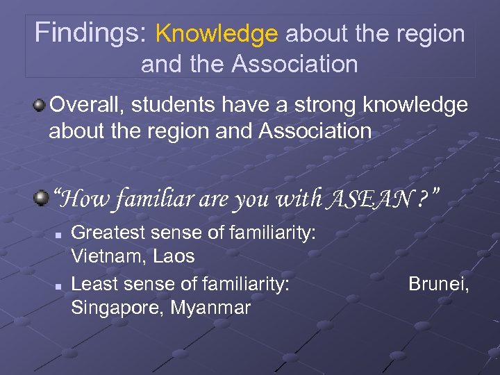 Findings: Knowledge about the region and the Association Overall, students have a strong knowledge