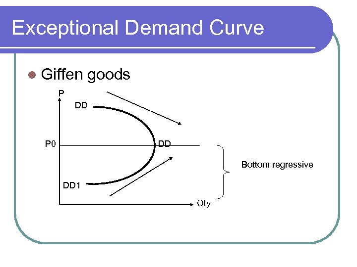 Exceptional Demand Curve l Giffen goods P DD P 0 DD Bottom regressive DD