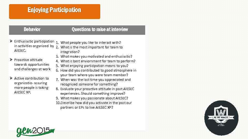 Enjoying Participation Behavior Questions to raise at interview Ø Enthusiastic participation 1. What people