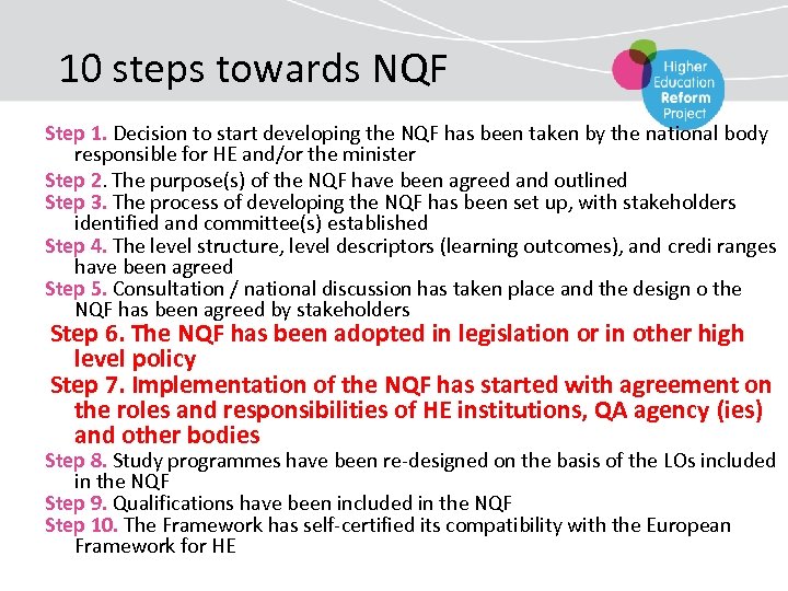 10 steps towards NQF Step 1. Decision to start developing the NQF has been