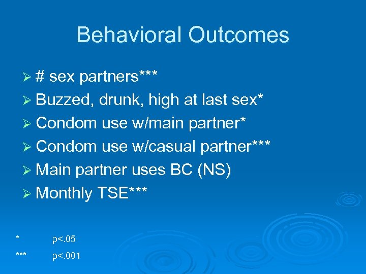 Behavioral Outcomes Ø # sex partners*** Ø Buzzed, drunk, high at last sex* Ø
