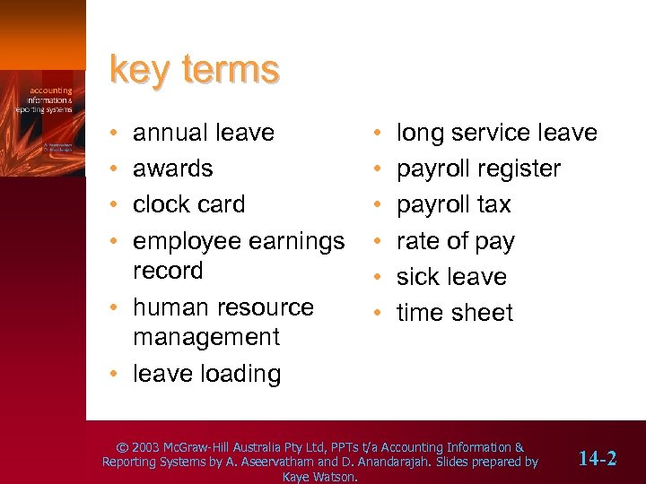 key terms • • annual leave awards clock card employee earnings record • human