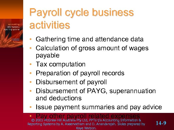 Payroll cycle business activities • Gathering time and attendance data • Calculation of gross