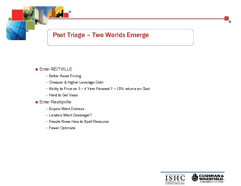 2 Post Triage – Two Worlds Emerge ■ Enter REITVILLE – Better Asset Pricing