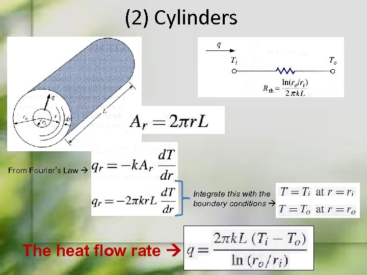 (2) Cylinders From Fourier’s Law Integrate this with the boundary conditions The heat flow