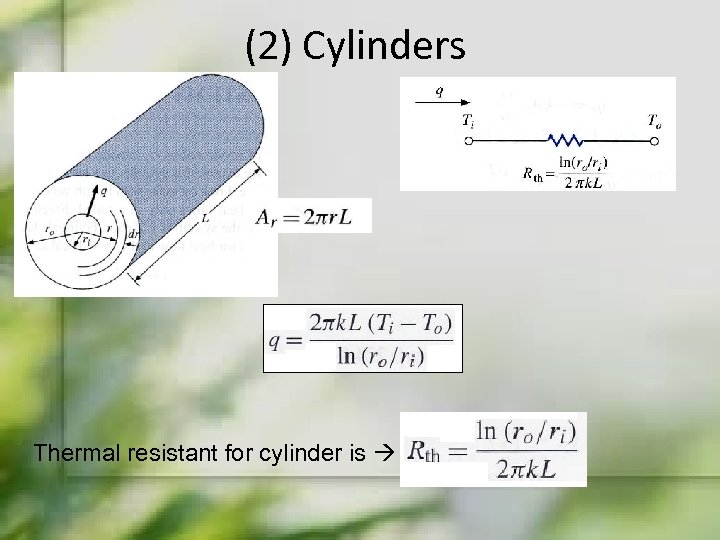 (2) Cylinders Thermal resistant for cylinder is 