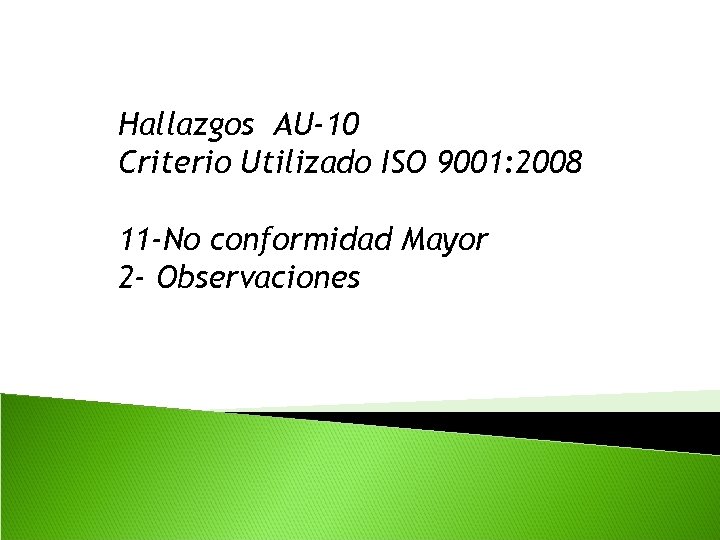 Hallazgos AU-10 Criterio Utilizado ISO 9001: 2008 11 -No conformidad Mayor 2 - Observaciones