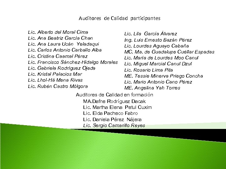 Auditores de Calidad participantes Lic. Alberto del Moral Cima Lic. Ana Beatriz García Chan