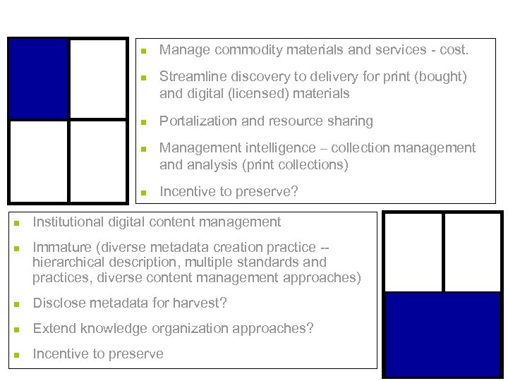 n n n n Manage commodity materials and services - cost. Streamline discovery to